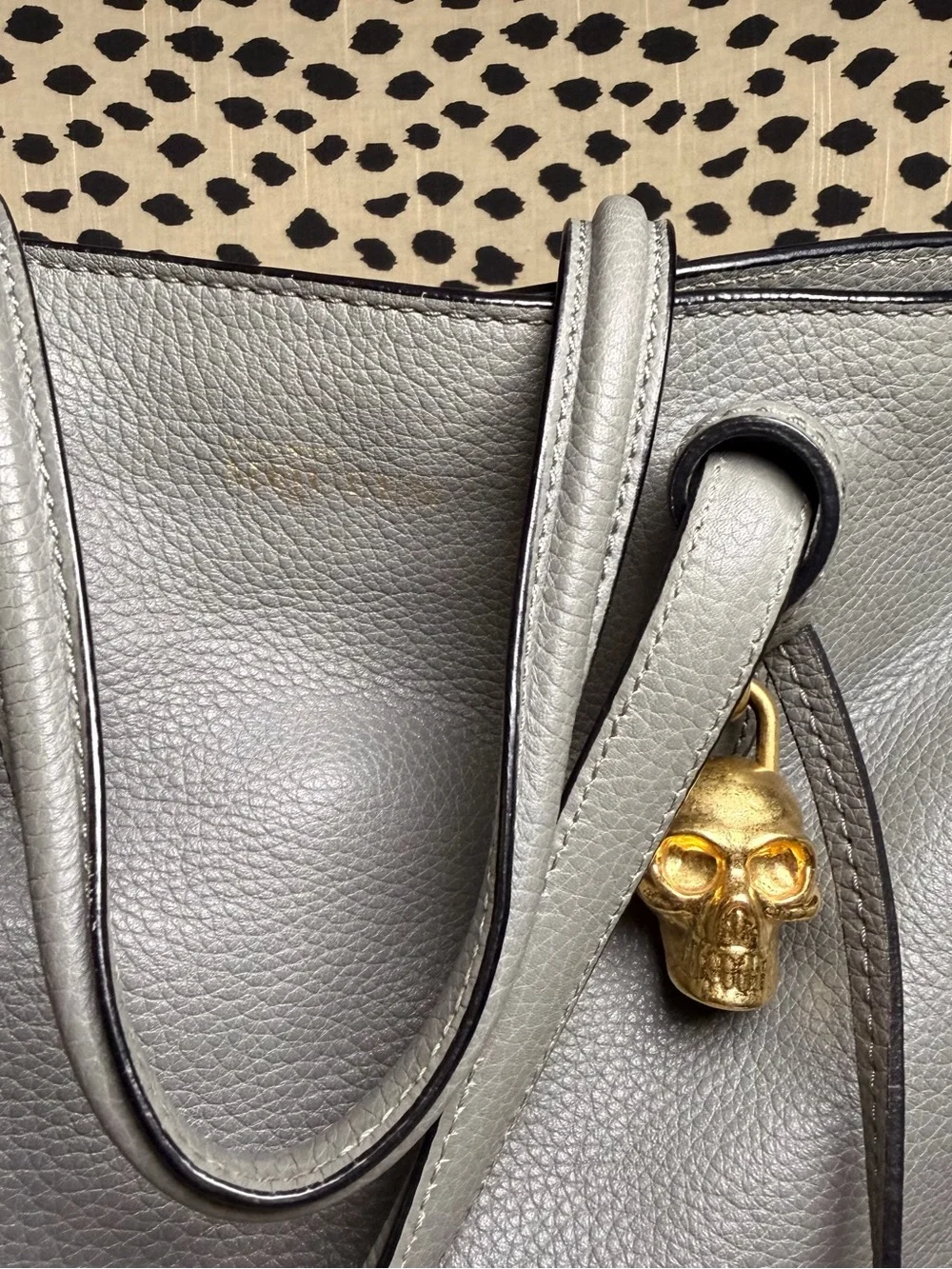 Alexander McQueen Gray Leather Satchel with Gold Skull Accent